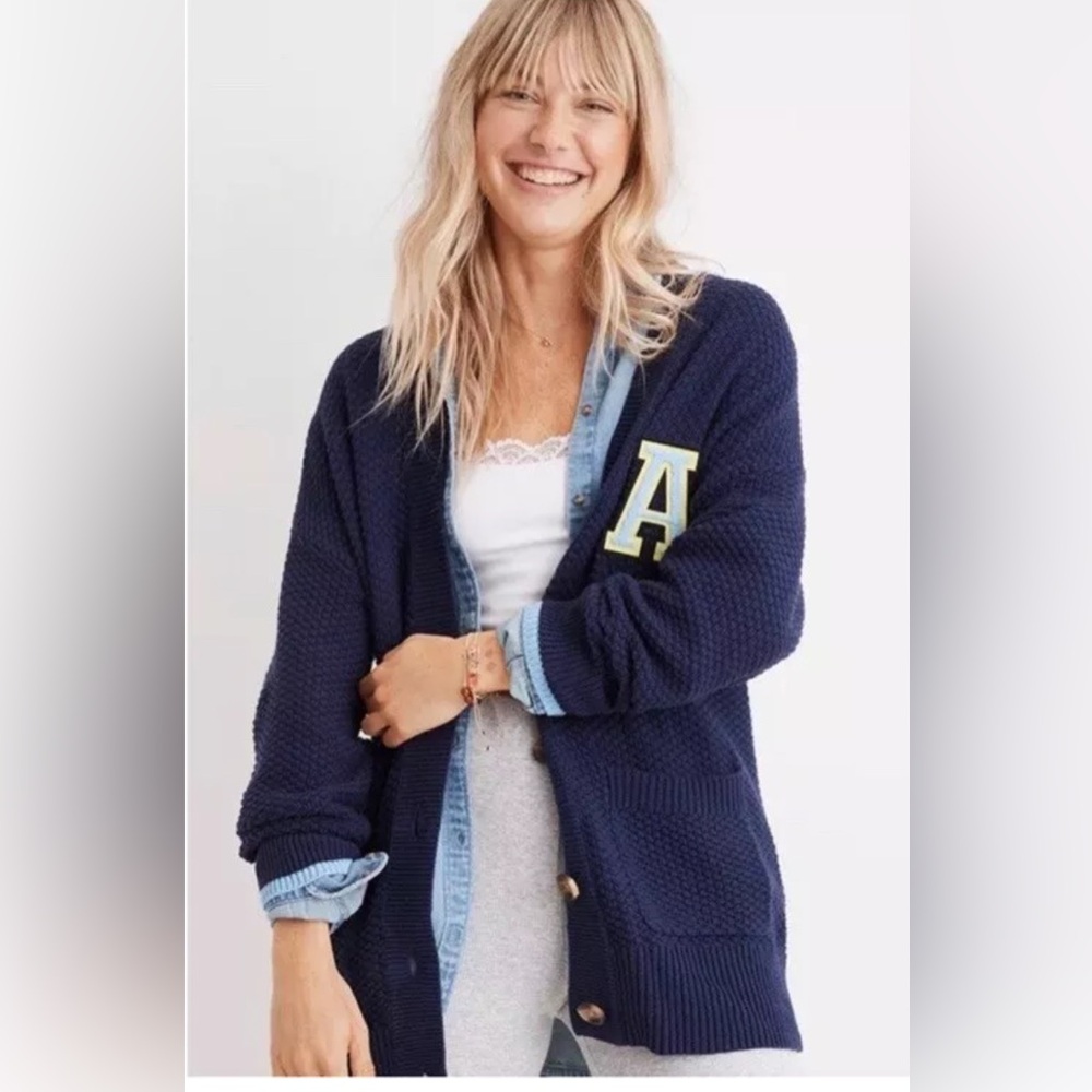 Aerie Oversized Varsity “A” Navy Blue Button Cardigan Size XS